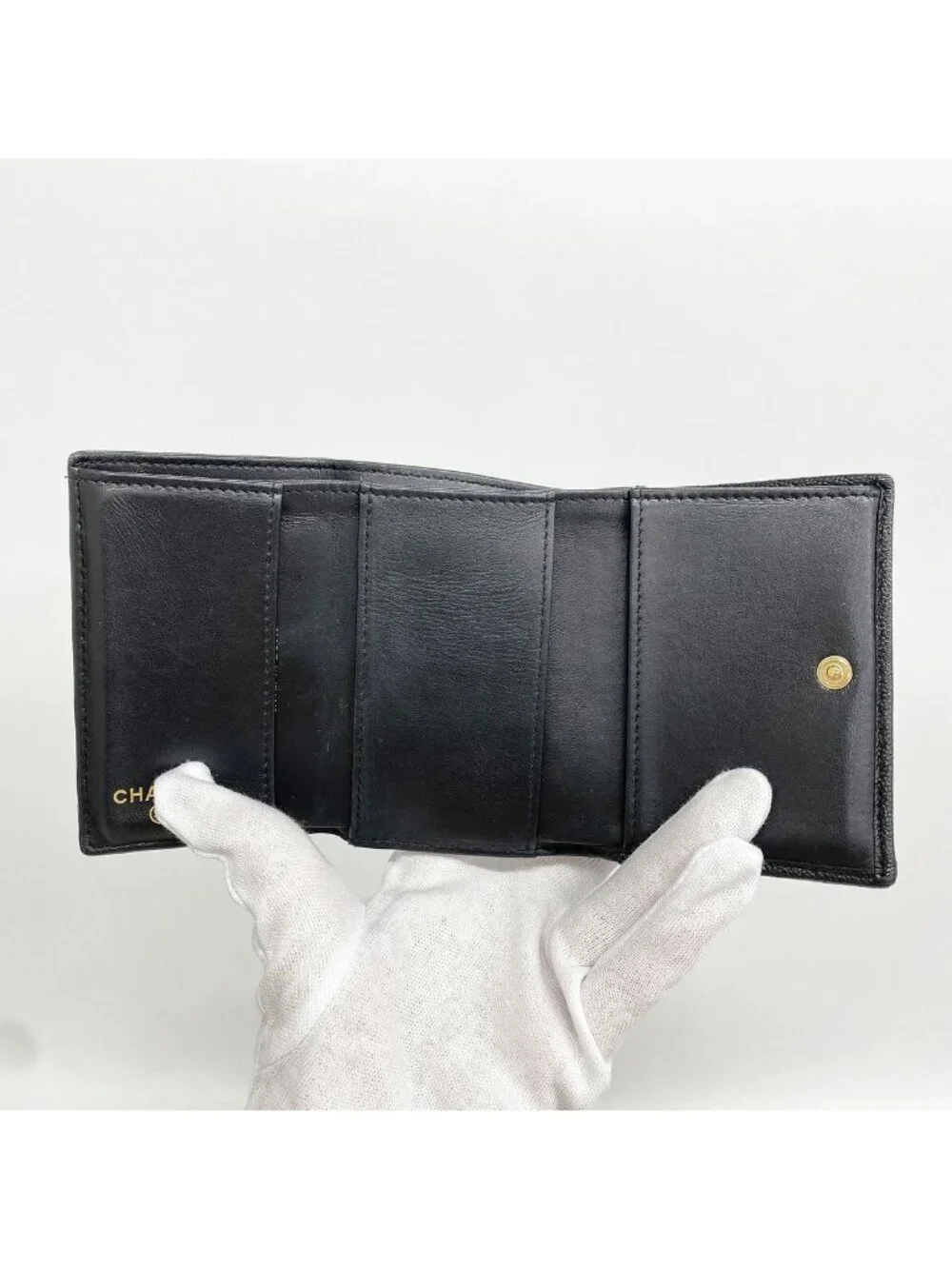 Chanel Trifold Wallet Camellia Caviar Leather Black Champagne Gold